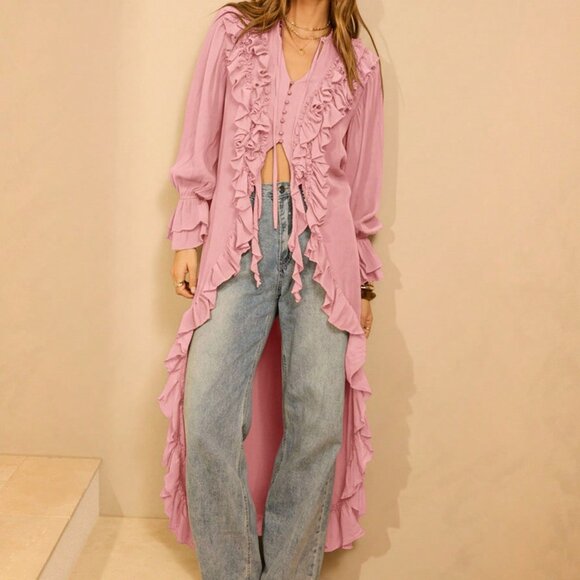 Baby Pink Boho Women's Long Sleeved Ruffled Front Maxi Cardigan Dress - Picture 8 of 10